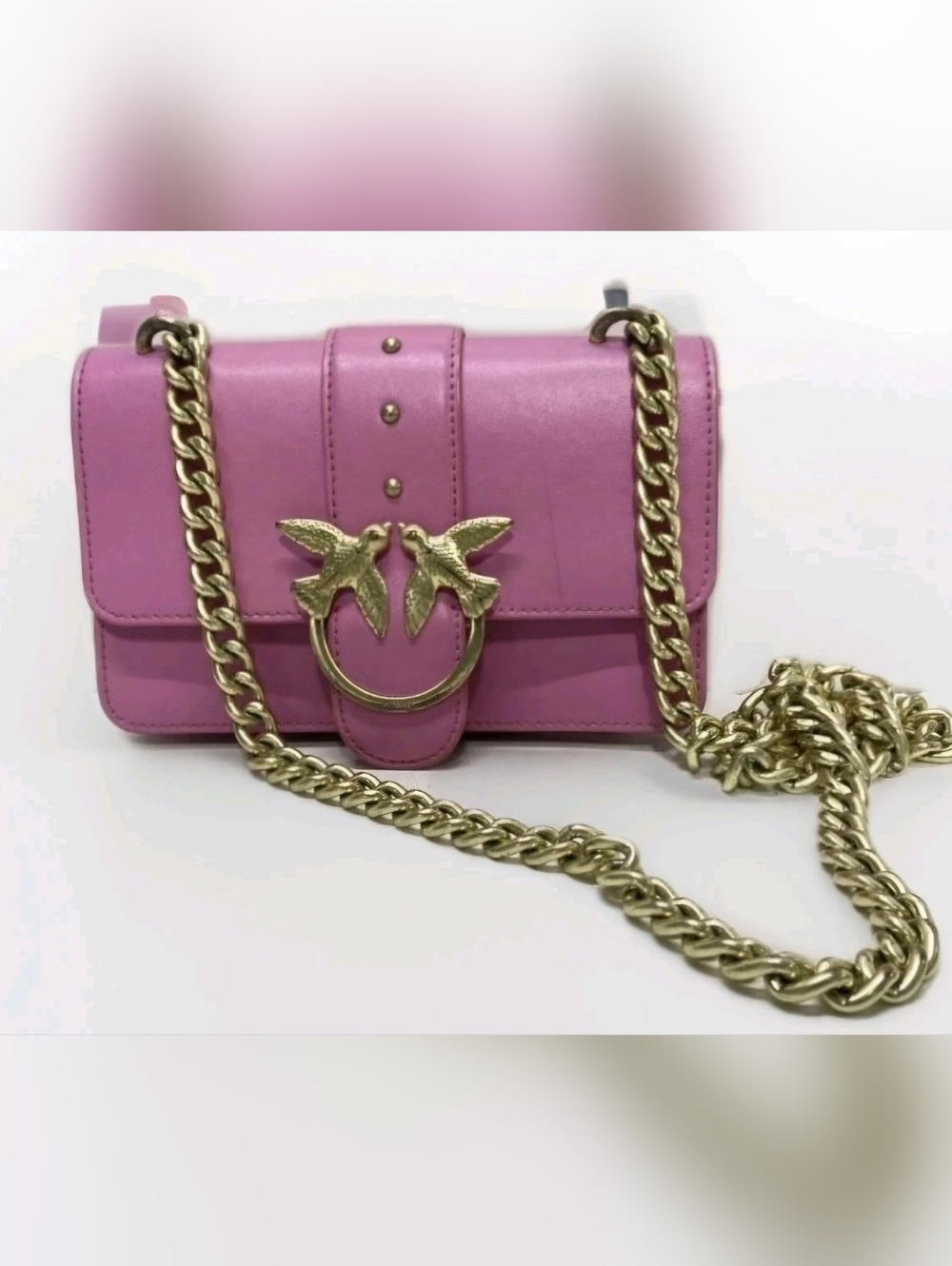 Pinko Mini Love One Bag pink leather Love Birds chain-link shoulder strap.